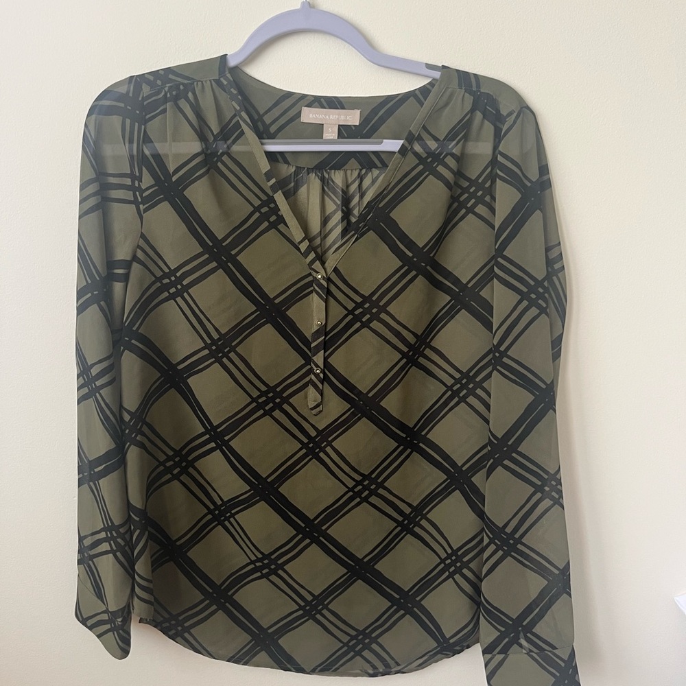 Sheer Olive Green Plaid Women's Top